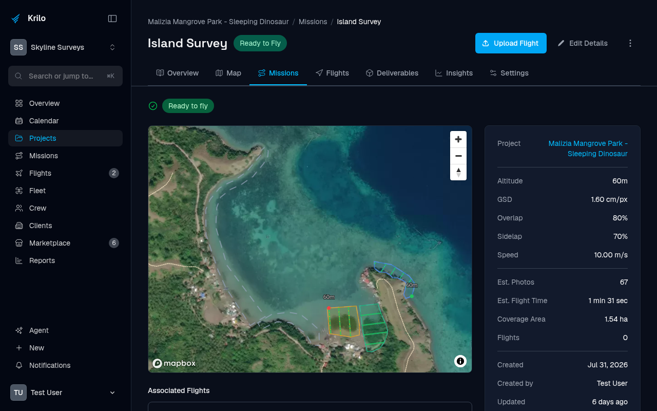 Krilo mission planner in dark mode showing survey legs drawn over satellite imagery with calculated GSD, altitude, and photo estimates